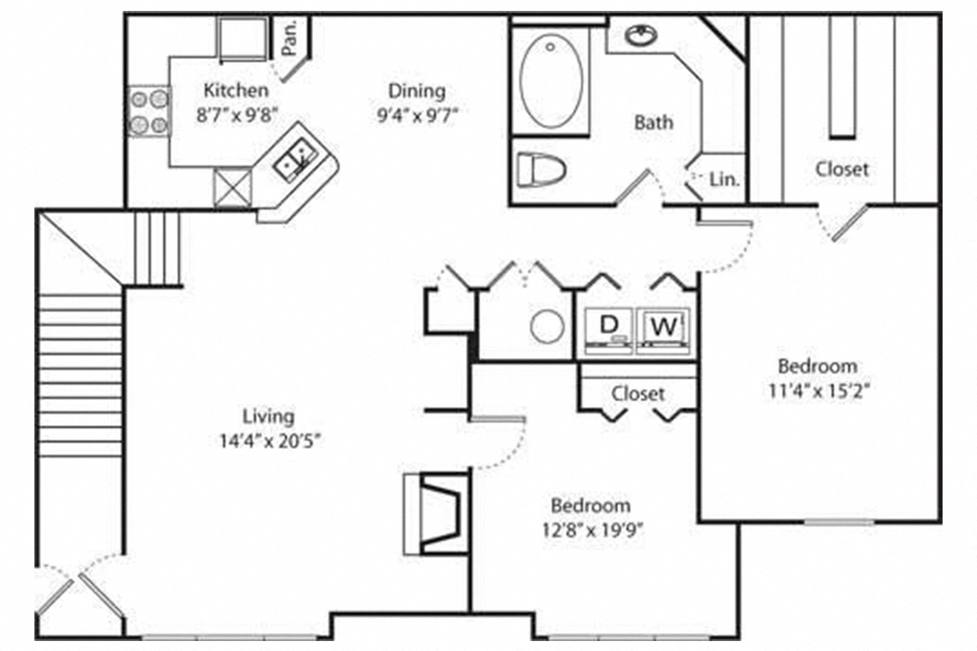 Floor plan for 2 beds, 1 bath, 1230 sqft